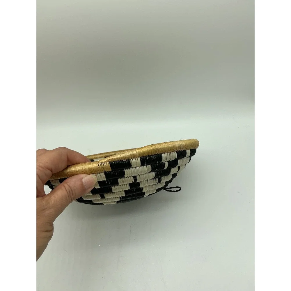 Woven Sisal Wall Basket Bowl Black Cream Geometric Boho Tribal Decor 8 Inch